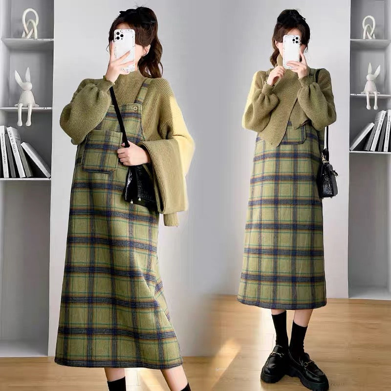 Maternity suit autumn and winter suspender skirt women's outerwear two-piece set bottoming shirt sweater winter plaid woolen dress
