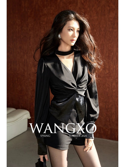 WANGXO丨High-definition and luxurious matte walnut satin丨V-neck halterneck waist-cinching splicing design long-sleeved shirt for women
