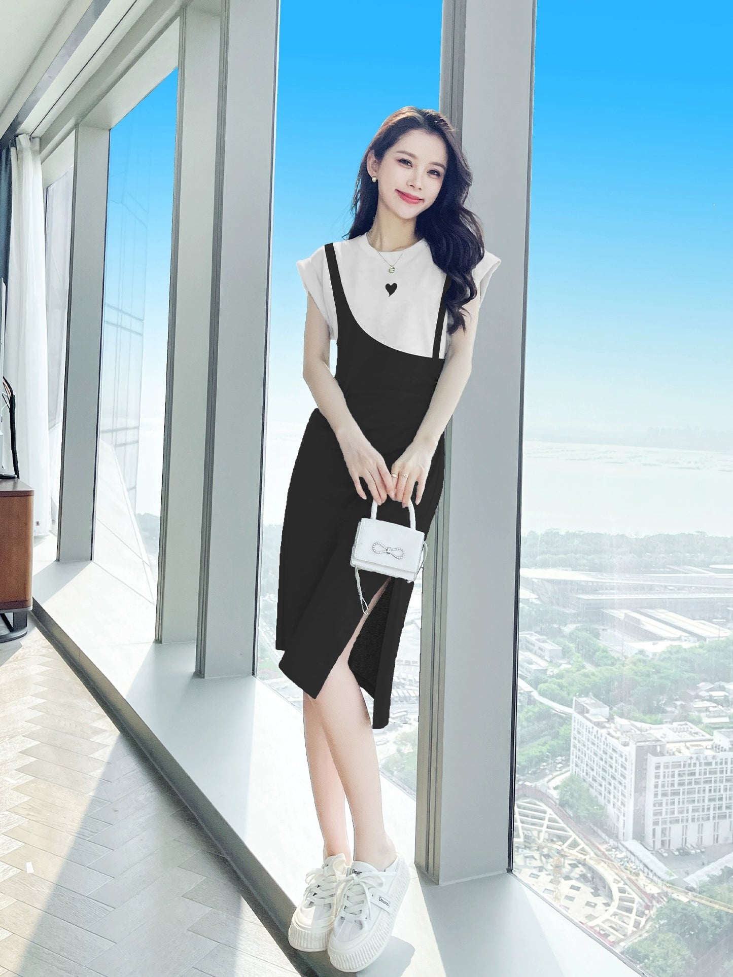 Black dress women's summer fake two-piece long skirt casual niche skirt summer women 2024 new small