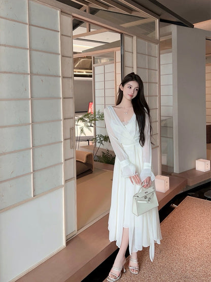 FairyJiang spring fake two-piece white chiffon dress with lace trim and bell sleeves, large skirt and waist skirt
