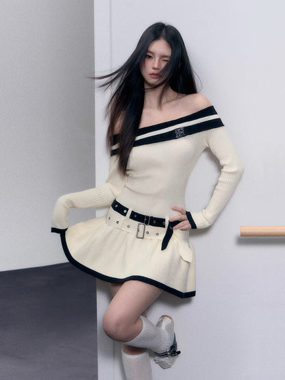 AGAM original design sweet and pure style high-end color matching one-shoulder double-belt dress 2023 early autumn new style