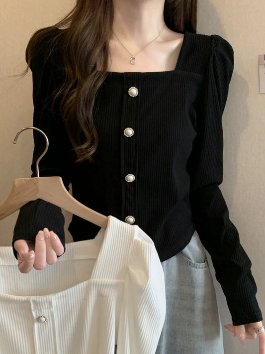 Square collar knitted bottoming shirt for women in autumn, large size fat mm slimming loose loose French style irregular top