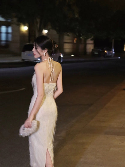 Thirteen and Little Halter Neck Dress Female Summer Tassel Niche Sexy Slim Temperament Ladies Dress Skirt
