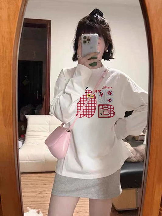 100% cotton American retro Hong Kong style chic straight shoulder long-sleeved T-shirt women's loose lazy niche design top