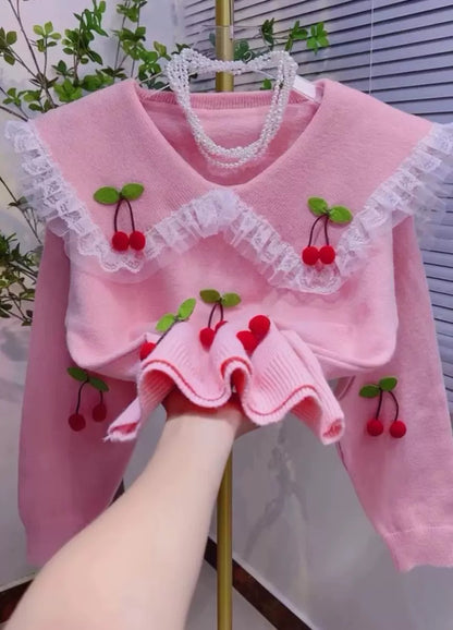 Lazy style cherry sweater for women in autumn and winter new loose style contrasting color lace stitching doll collar pullover sweater T9399