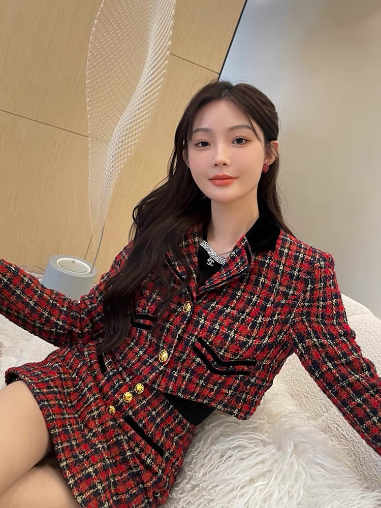 Red plaid small fragrance suit for women in autumn and winter new style ladylike high-end skirt and jacket with two-piece set (B2418)