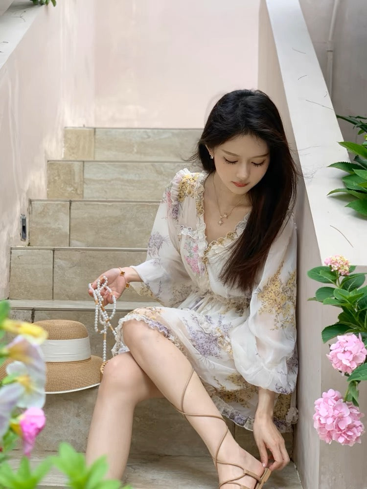 Juicecola Gentle and Sweet Floral Dress Spring and Autumn New Style Waist-Winning V-Neck Beautiful Miniskirt D612
