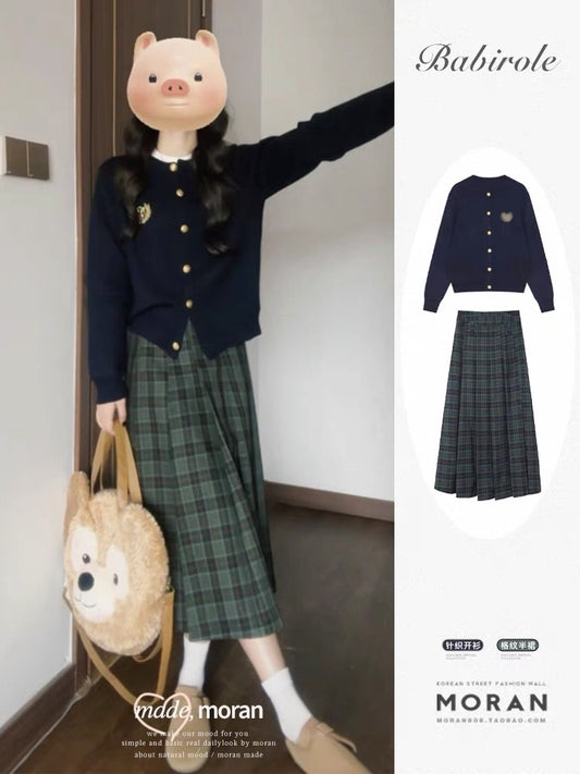 Korean girls' high school style set of knitted cardigan plaid skirt two-piece suit slim temperament autumn and winter
