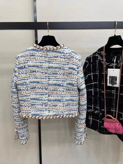European Station 2023 Autumn and Winter Colorful Woven Wool Tweed Tops Temperament Socialite Small Fragrance Style Short Jackets Women