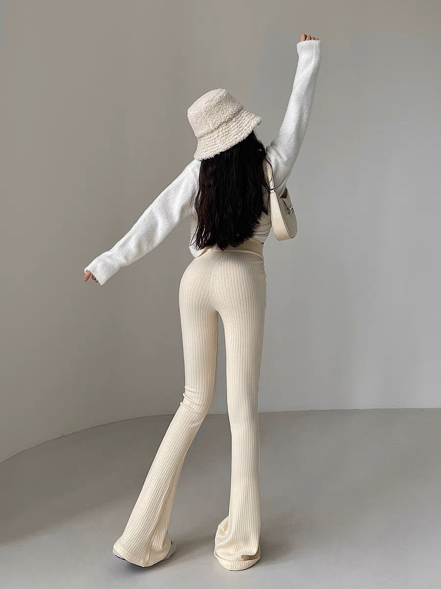 YoungGirlDay European and American high-waisted V-shaped waist tight slightly flared leg-length knitted casual pants floor-length trousers (B1815)