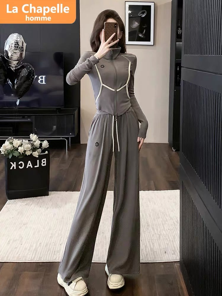 La Chapelle Casual Sports Suit Women's Autumn 2023 New Short Top High Waist Wide Leg Pants Two-piece Trendy Set