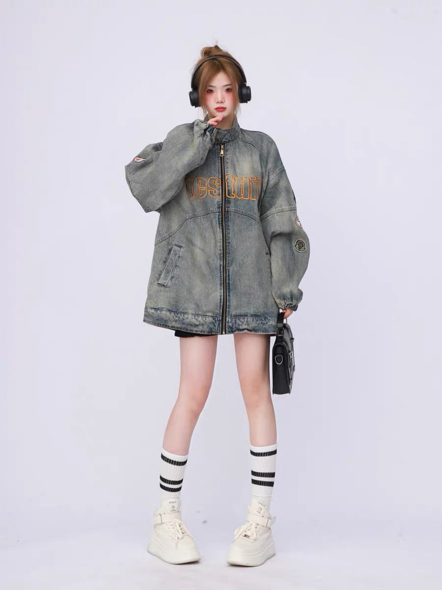 American retro washed distressed heavy industry embroidered stand collar oversize motorcycle jacket denim jacket for women spring and autumn trendy brand A3354