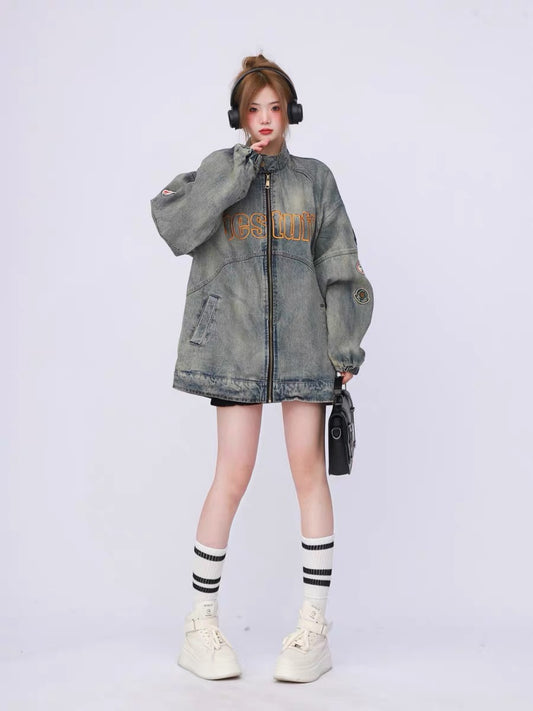 American retro washed distressed heavy industry embroidered stand collar oversize motorcycle jacket denim jacket for women spring and autumn trendy brand A3354