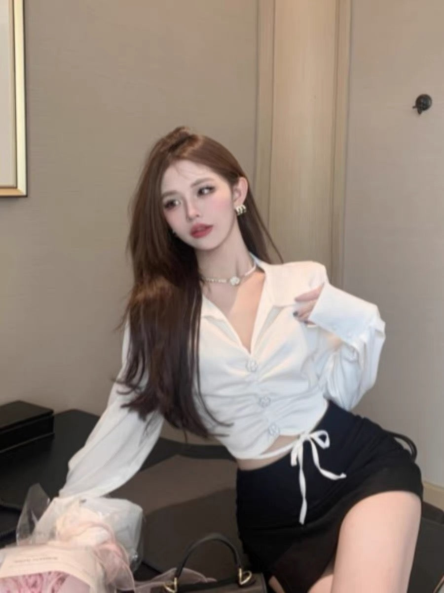 French V-neck long-sleeved satin shirt for women in fall, waist-cinching design, short shirt with lace-up white top