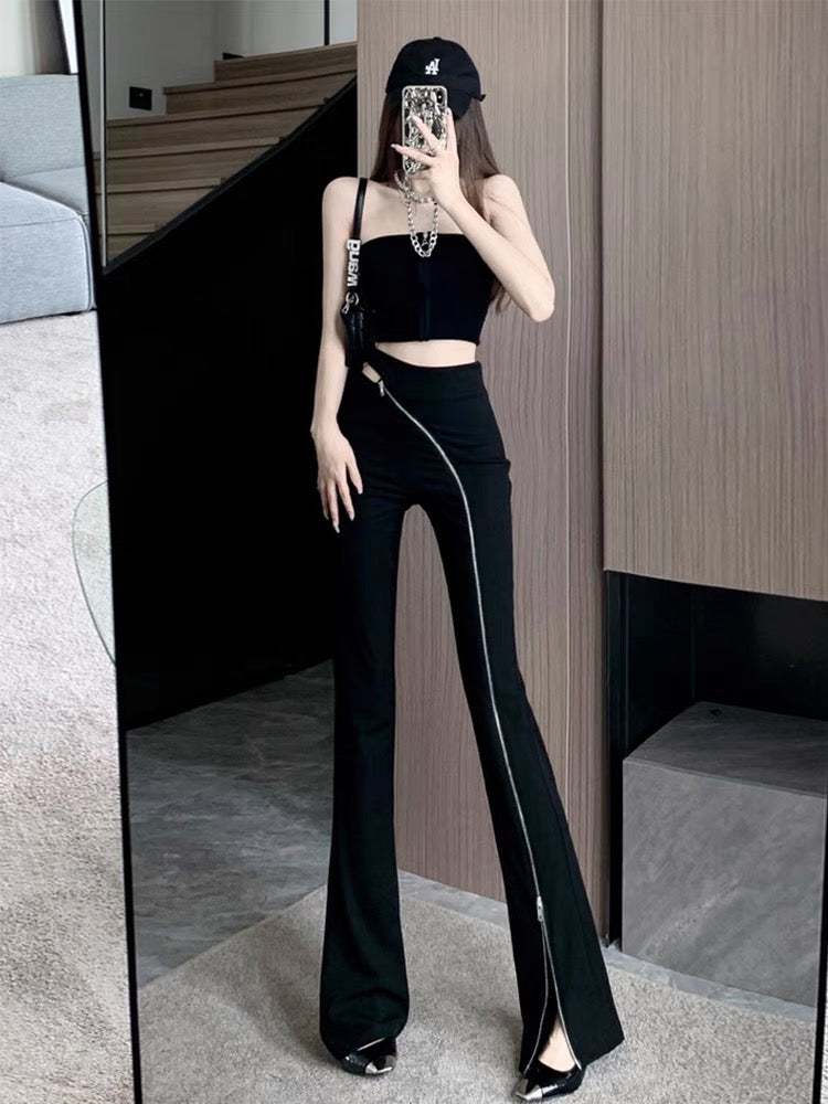 Autumn new high-end design dark style zippered tight horse hoof pants for women fashion slim casual pants (B3910)