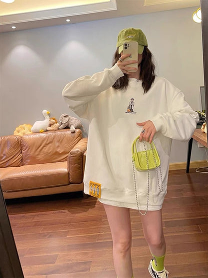 College style gentle beige sweatshirt women's 2023 autumn loose slimming mid-length velvet thickened top