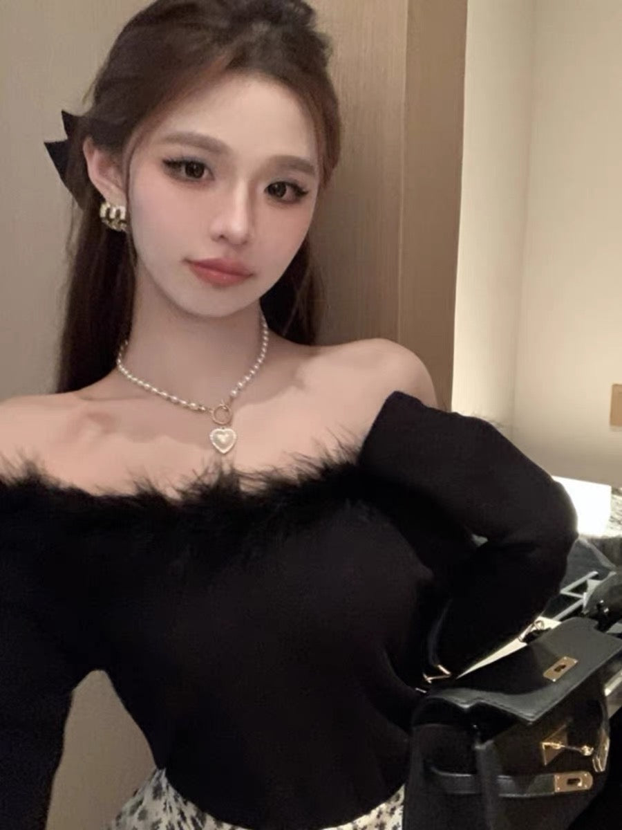 Autumn pure lust hottie sexy one-shoulder fur collar stitching long-sleeved T-shirt top women's short inner layering shirt