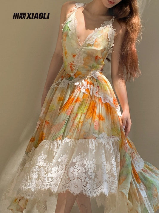 XIAOLI Morning Mist Silk Blended Floral Lace Suspender Dress Spring and Summer French High-end Exquisite Skirt