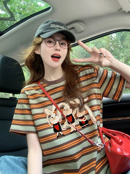 Rabbit print striped short-sleeved T-shirt for women 2025 new summer European goods high-end shoulder loose western-style top