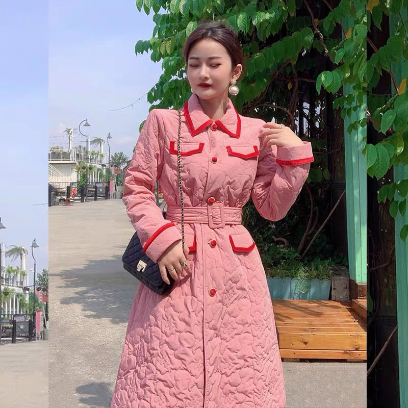 Autumn and winter light cotton over-the-knee coat for women, Korean style cotton jacket, mid-length, contrasting color embossed waist, A-line cotton skirt