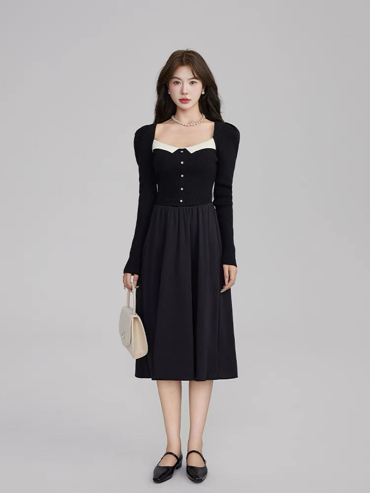 Volstagg French square neck black dress for women autumn knitted patchwork waist Hepburn style little black dress