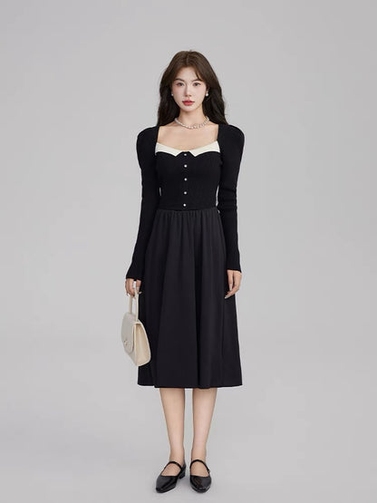 Volstagg French square neck black dress for women autumn knitted patchwork waist Hepburn style little black dress