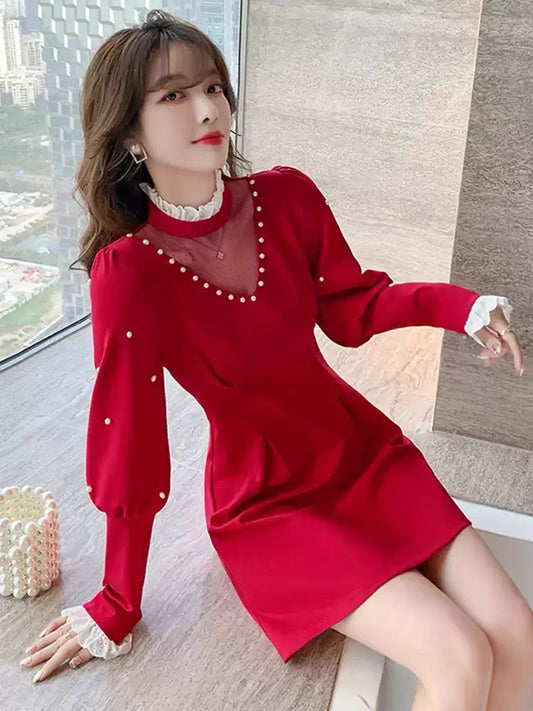French retro red dress women's 2023 new autumn fashion design high-end fashion slimming skirt