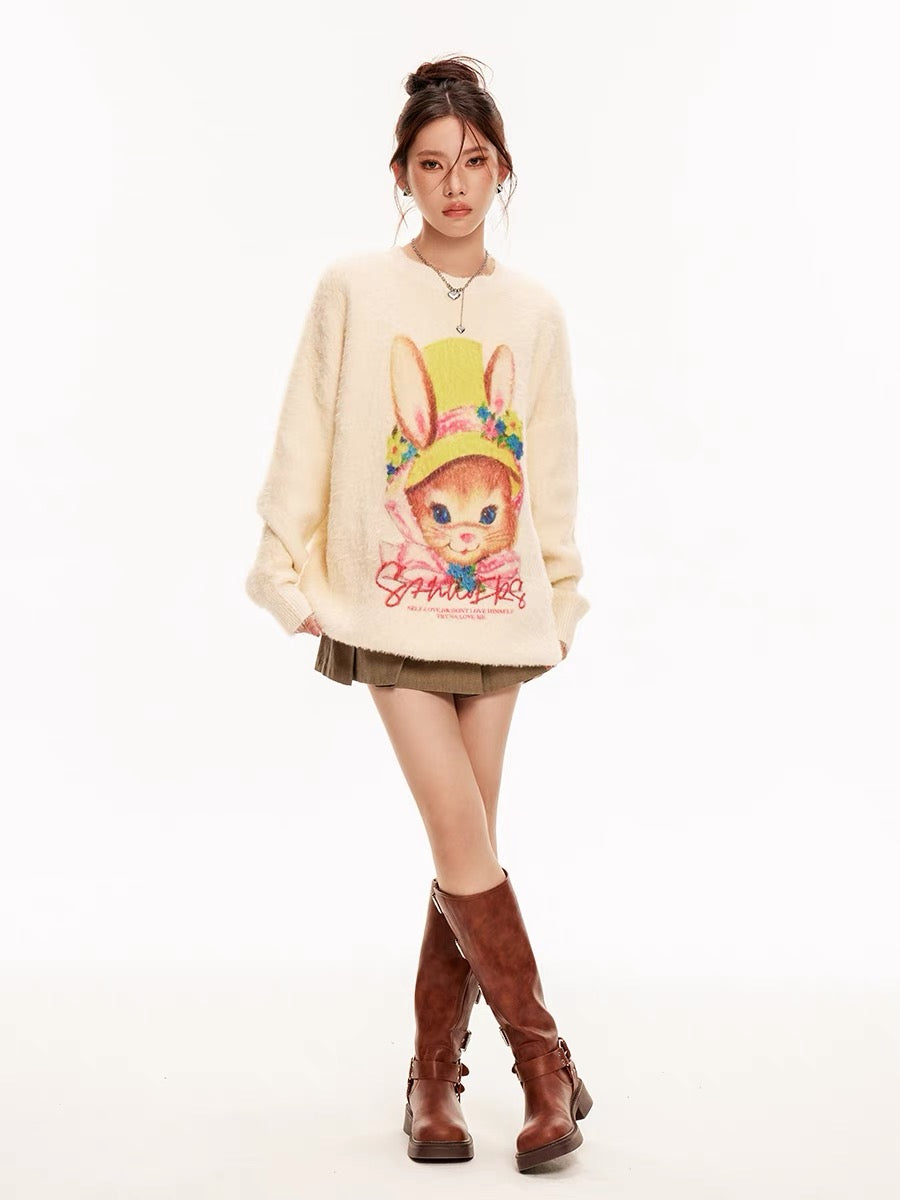 Sanowers cute cartoon rabbit print imitation rabbit velvet sweater women's new autumn loose lazy style knitted top (S0559)