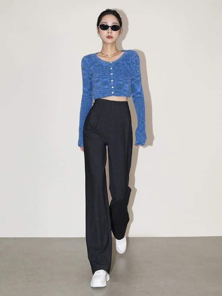High-end narrow version wide-leg pants for women in spring, autumn and summer, high waist design, drape and slim straight-tube casual mopping wool suit