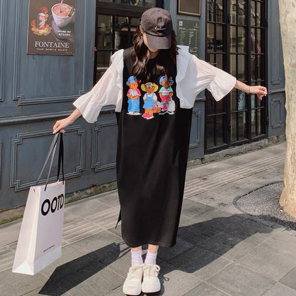 Black dress for women 2023 new summer design niche cartoon print cute age-reducing college style long skirt
