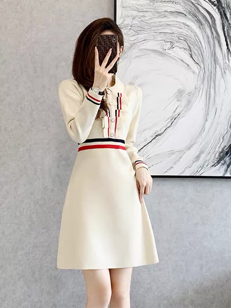 Autumn and winter 2023 new style small fragrance Polo collar knitted dress high-end temperament waist slimming bottoming sweater dress D8891