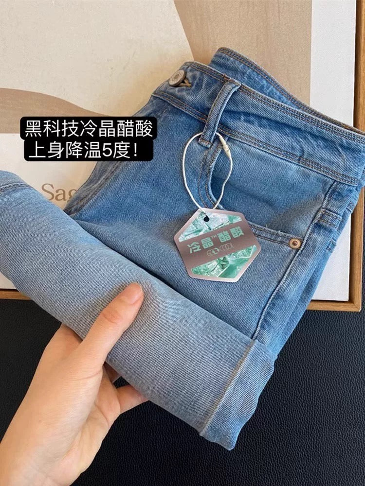 Summer nano ultra-thin ice silk straight jeans for women 2025 new small ladies nine-point cigarette pants