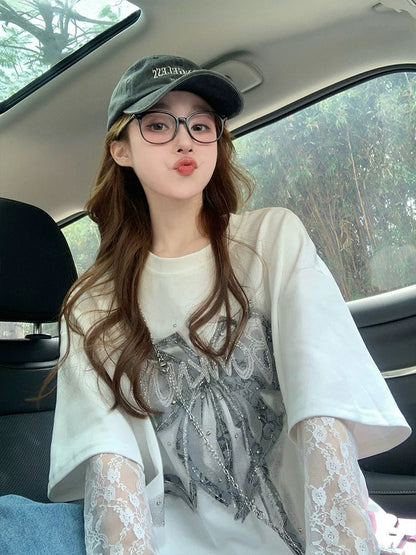 Fake two-piece bow short-sleeved T-shirt for women 2025 new summer heavy lace splicing hot diamond American loose top