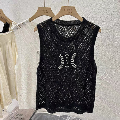 Spice girl hollow vest female design sense niche summer loose thin section outer wear round neck knitted vest sleeveless top