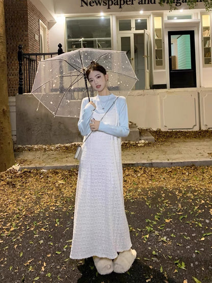 kumikumi gentle style suit apricot lace suspender dress women's autumn half turtleneck sweater two-piece set