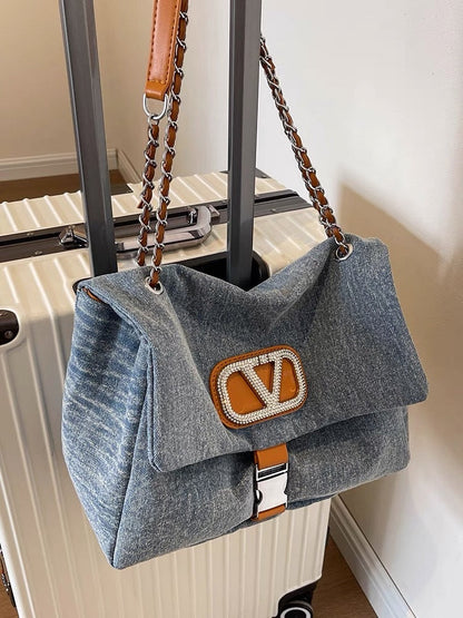 Fashion casual chain portable large-capacity bag women's new denim tote bag 2023 high-end underarm bag