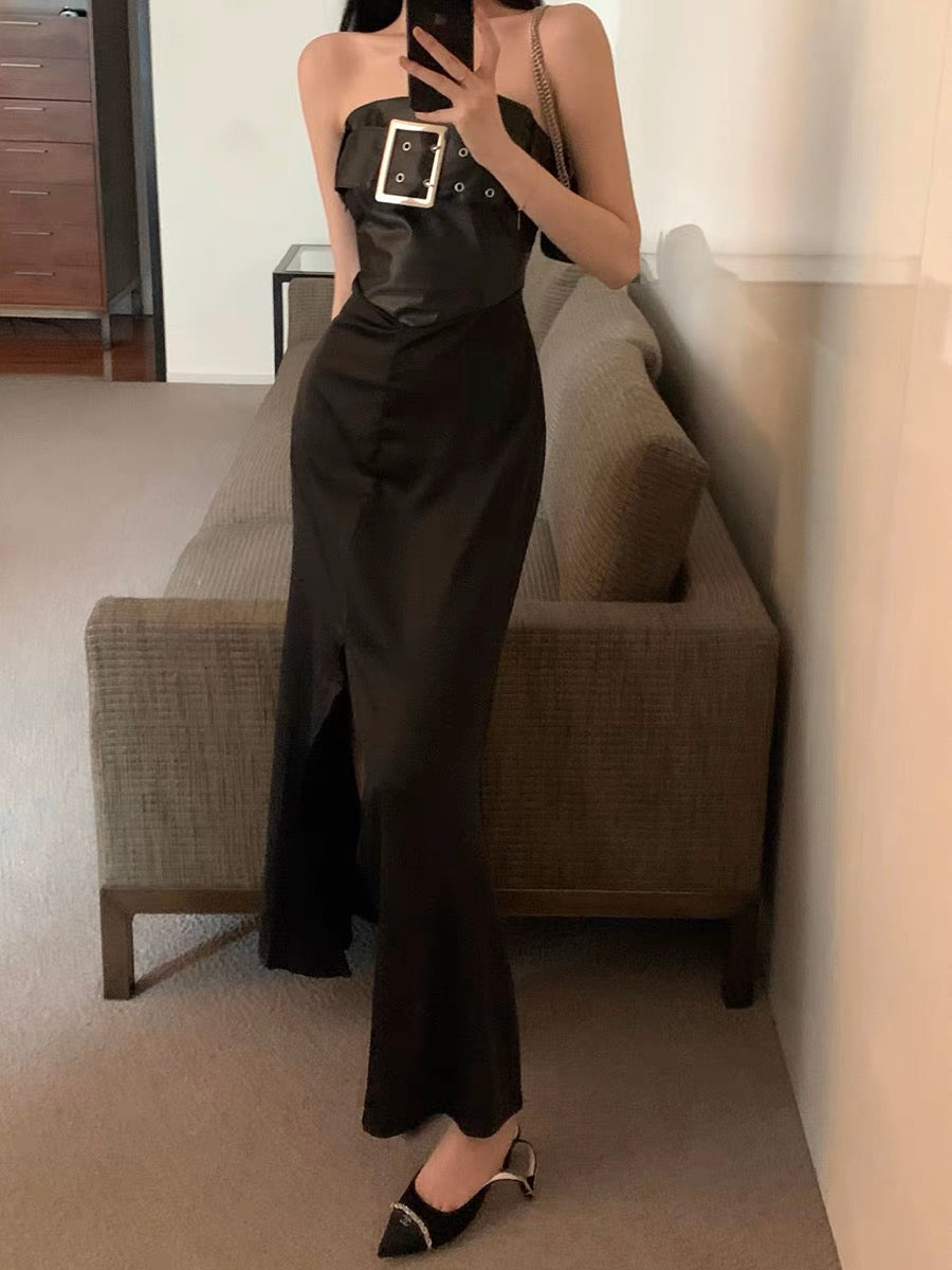 Black one-shoulder tube top dress for women in summer hot girl splicing skirt temperament and high-end slit A-line long skirt