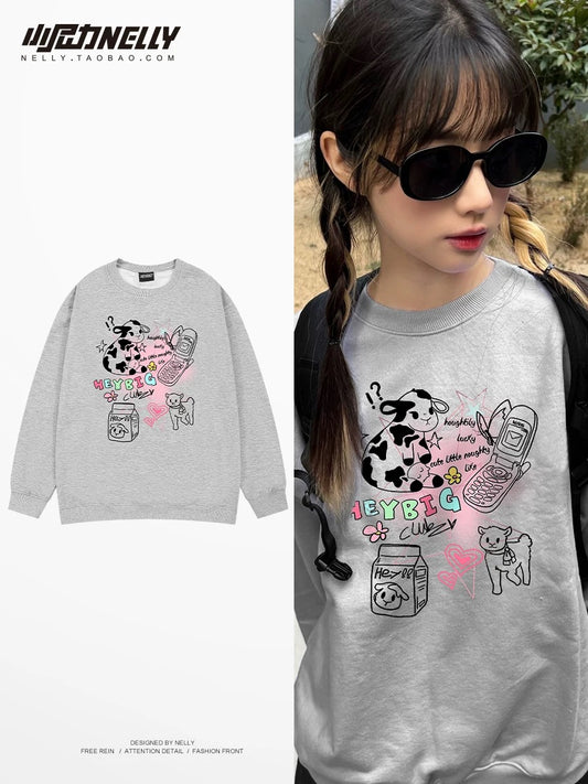 Cartoon dog round neck sweatshirt for men and women in autumn and winter American youth tops with velvet design and versatile outerwear trend