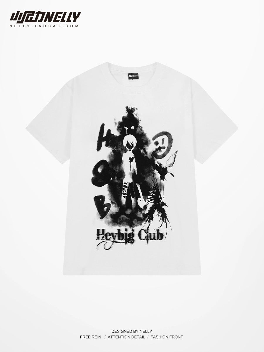 Dark devil girl print short-sleeved T-shirt for men and women oversize heavy cotton American high street style top