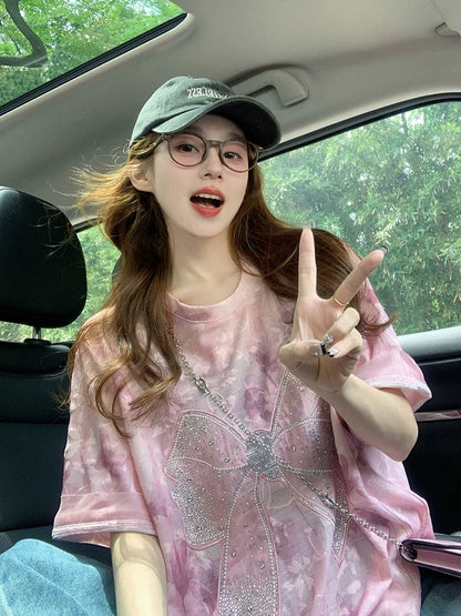 Pink jacquard ice silk short-sleeved T-shirt for women 2025 new summer tie-dye design hot diamond sweet age-reducing large version