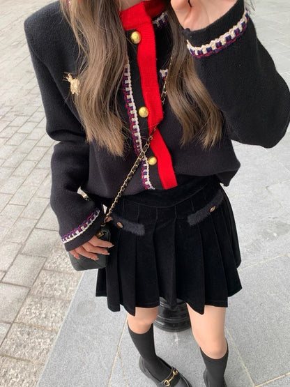 Juicecola Black Velvet Pleated Skirt Women's Autumn and Winter High Waist Slim Small College A-Line Skirt Short