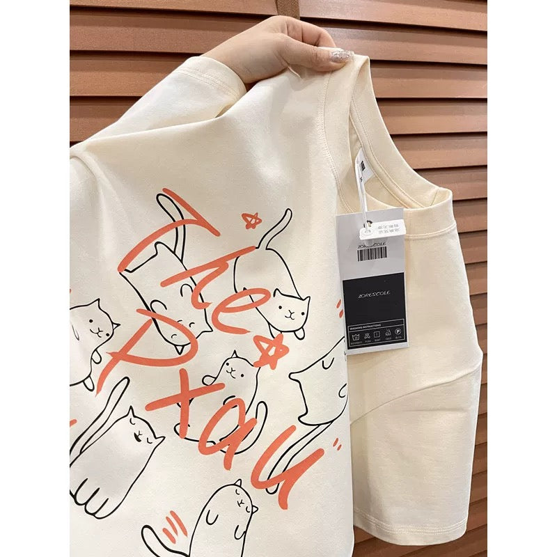 American style ins three bears printed cotton short-sleeved T-shirt men and women summer heavyweight all-match loose couple tops