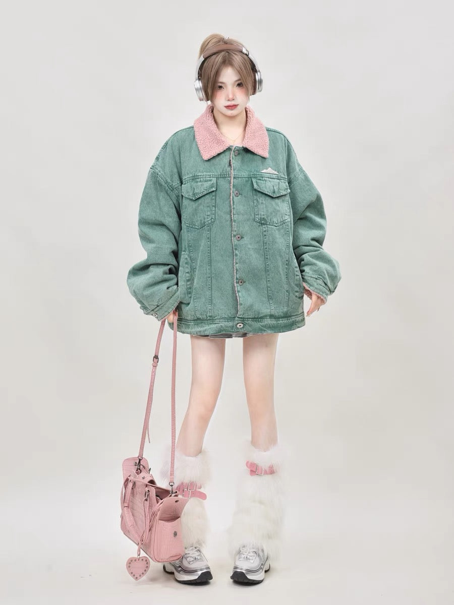 Winter American loose niche design green denim cotton jacket for women 2023 new thickened lamb wool cotton jacket A3342