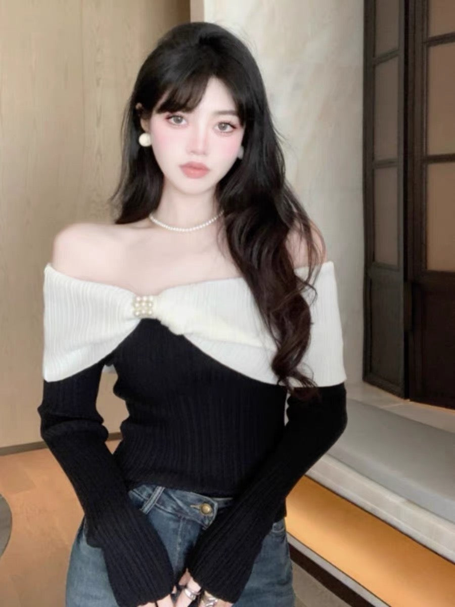 Contrast color one-shoulder lapel pearl sweater, temperament long-sleeved top, women's autumn and winter sexy slimming off-shoulder bottoming shirt