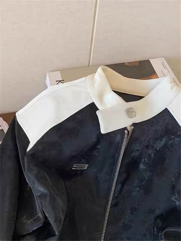 American street style color contrast stitching stand collar baseball uniform jacket men and women spring and autumn loose casual zipper jacket tops