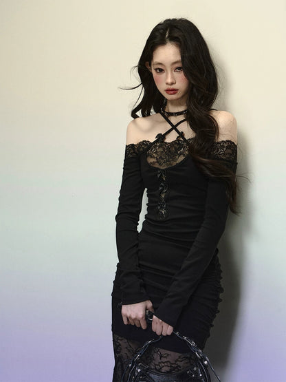 Shao Ye Eyes Goddess Venus Lace Sexy Dress Women Autumn and Winter Long Sleeve Slimming Halter Neck Hip Skirt Long Skirt