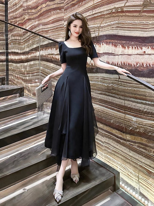 Irregular high waist black dress