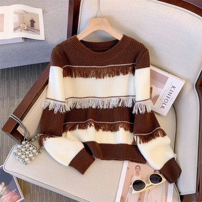 Western style age-reducing American retro pullover round neck striped tassel contrast sweater outer top for women autumn and winter new style