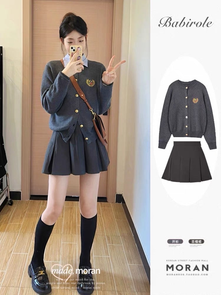 Tea style small fragrance two-piece suit autumn knitted sweater cardigan British college top skirt female small