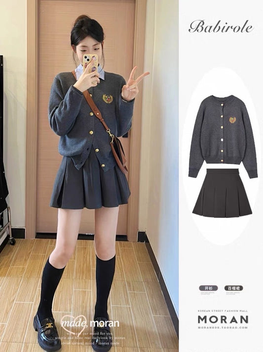 Tea style small fragrance two-piece suit autumn knitted sweater cardigan British college top skirt female small